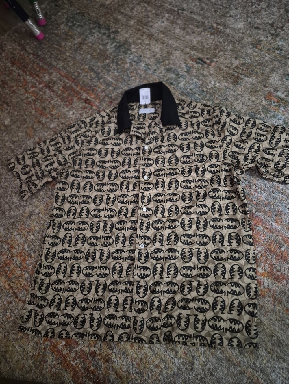 Coach Rexy Design Short-Sleeve Beige Button-Down Shirt with Black Graphic Print
